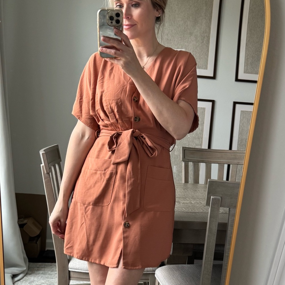 Women's Orange Rust Button-Down Tie Belt Dress